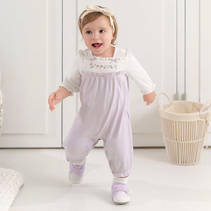 Baby Girls Grey Purple Flower Embroidery Indoor Lightweight Rompers