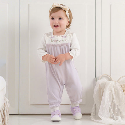 Baby Girls Grey Purple Flower Embroidery Indoor Lightweight Rompers