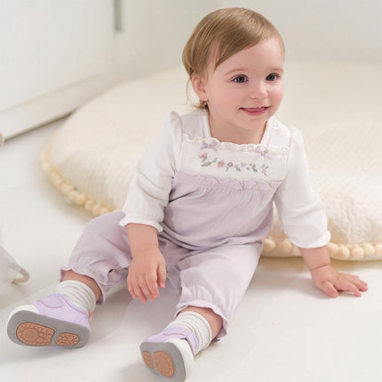 Baby Girls Grey Purple Flower Embroidery Indoor Lightweight Rompers
