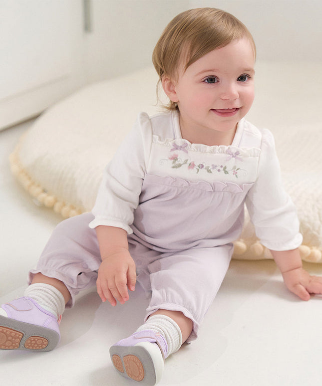 Baby Girls Grey Purple Flower Embroidery Indoor Lightweight Rompers