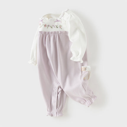 Baby Girls Grey Purple Flower Embroidery Indoor Lightweight Rompers