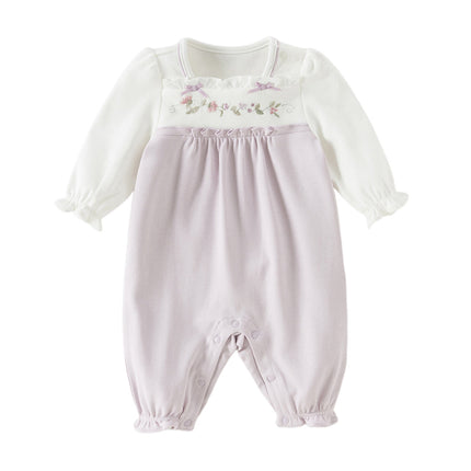 Baby Girls Grey Purple Flower Embroidery Indoor Lightweight Rompers
