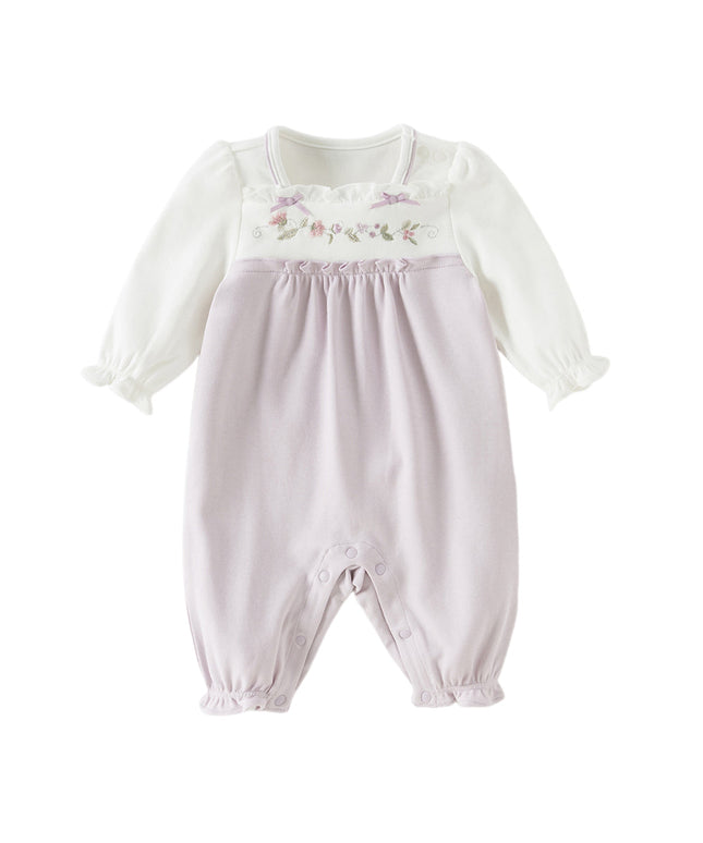 Baby Girls Grey Purple Flower Embroidery Indoor Lightweight Rompers