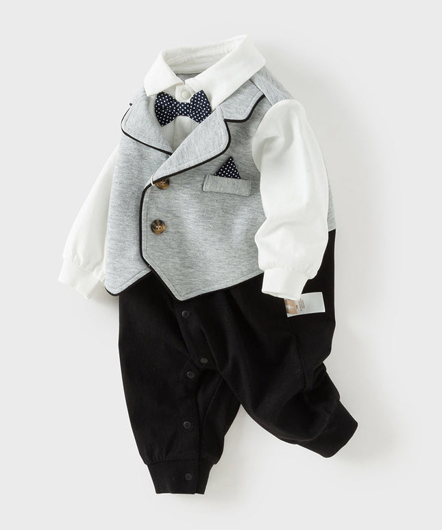 Baby Boys Light Grey Long Sleeve Fake-two-piece Rompers