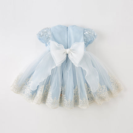 Kids Girls Summer Elegant Blue Mesh Embroidery Lace Hem Princess Dress
