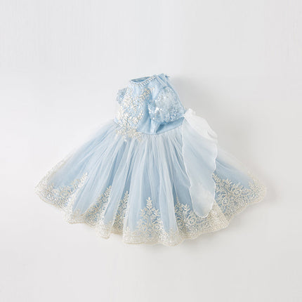 Kids Girls Summer Elegant Blue Mesh Embroidery Lace Hem Princess Dress