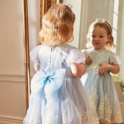 Kids Girls Summer Elegant Blue Mesh Embroidery Lace Hem Princess Dress