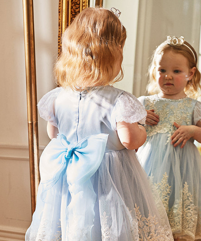Kids Girls Summer Elegant Blue Mesh Embroidery Lace Hem Princess Dress
