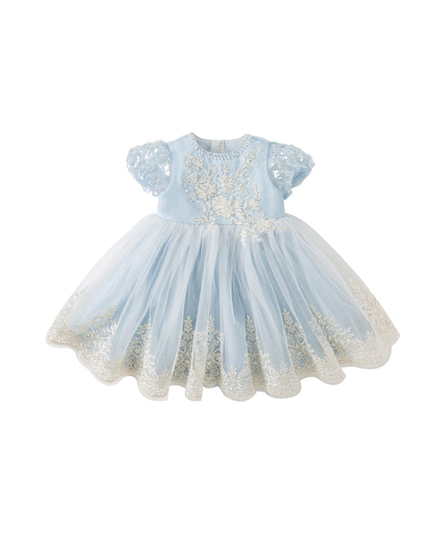 Kids Girls Summer Elegant Blue Mesh Embroidery Lace Hem Princess Dress