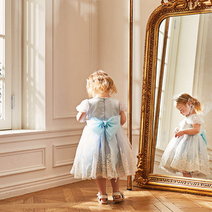 Kids Girls Summer Elegant Blue Mesh Embroidery Lace Hem Princess Dress