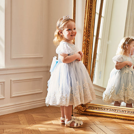 Kids Girls Summer Elegant Blue Mesh Embroidery Lace Hem Princess Dress
