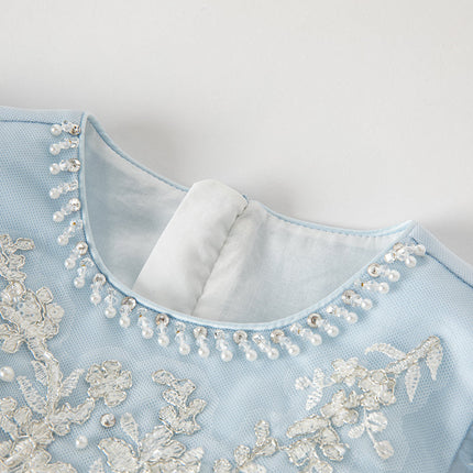 Kids Girls Summer Elegant Blue Mesh Embroidery Lace Hem Princess Dress