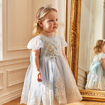 Kids Girls Summer Elegant Blue Mesh Embroidery Lace Hem Princess Dress