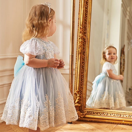 Kids Girls Summer Elegant Blue Mesh Embroidery Lace Hem Princess Dress