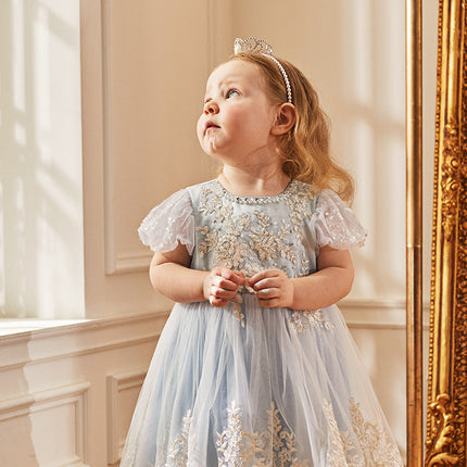 Kids Girls Summer Elegant Blue Mesh Embroidery Lace Hem Princess Dress