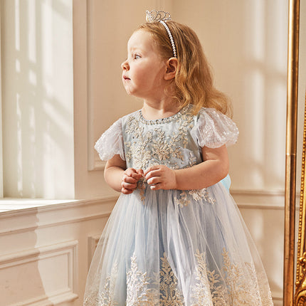Kids Girls Summer Elegant Blue Mesh Embroidery Lace Hem Princess Dress