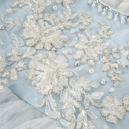Kids Girls Summer Elegant Blue Mesh Embroidery Lace Hem Princess Dress