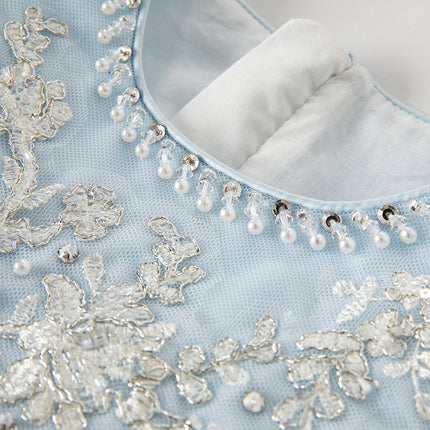 Kids Girls Summer Elegant Blue Mesh Embroidery Lace Hem Princess Dress