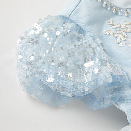 Kids Girls Summer Elegant Blue Mesh Embroidery Lace Hem Princess Dress