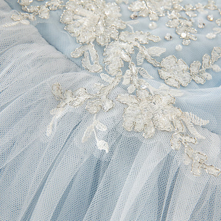 Kids Girls Summer Elegant Blue Mesh Embroidery Lace Hem Princess Dress