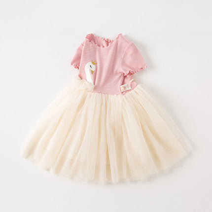 Kids Girls Summer Swan Print Pink Mesh Birthday Party A-line Dress