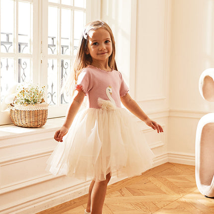 Kids Girls Summer Swan Print Pink Mesh Birthday Party A-line Dress