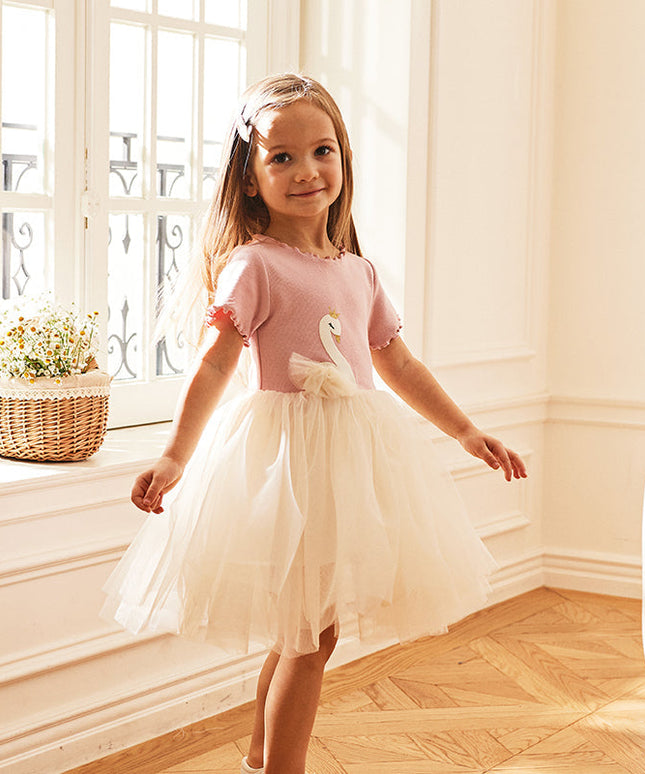 Kids Girls Summer Swan Print Pink Mesh Birthday Party A-line Dress