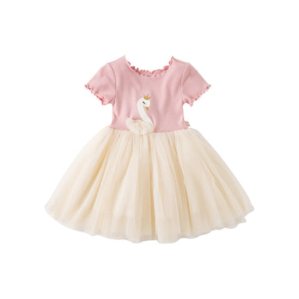 Kids Girls Summer Swan Print Pink Mesh Birthday Party A-line Dress
