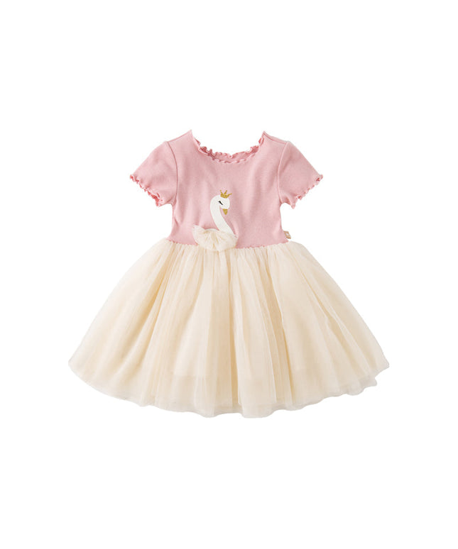 Kids Girls Summer Swan Print Pink Mesh Birthday Party A-line Dress