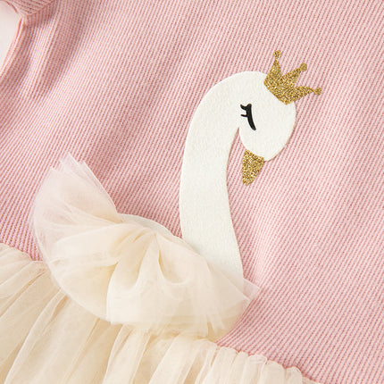 Kids Girls Summer Swan Print Pink Mesh Birthday Party A-line Dress