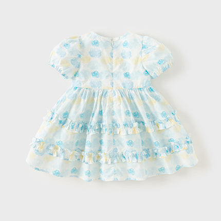 Girls Summer Cotton Sweet Blue Bubble Sleeve Princess Dress