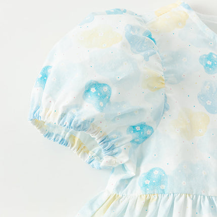 Girls Summer Cotton Sweet Blue Bubble Sleeve Princess Dress