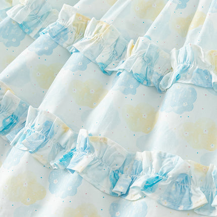 Girls Summer Cotton Sweet Blue Bubble Sleeve Princess Dress