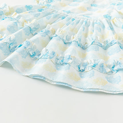 Girls Summer Cotton Sweet Blue Bubble Sleeve Princess Dress