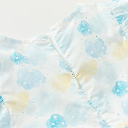 Girls Summer Cotton Sweet Blue Bubble Sleeve Princess Dress