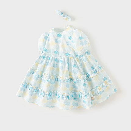 Girls Summer Cotton Sweet Blue Bubble Sleeve Princess Dress