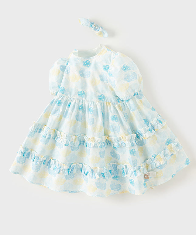 Girls Summer Cotton Sweet Blue Bubble Sleeve Princess Dress