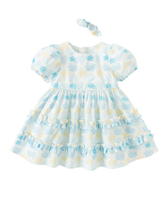 Girls Summer Cotton Sweet Blue Bubble Sleeve Princess Dress