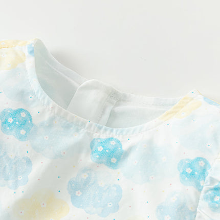 Girls Summer Cotton Sweet Blue Bubble Sleeve Princess Dress