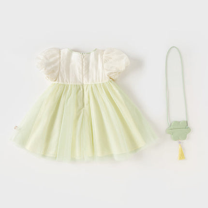 Girls Summer Chinese Style Green Mesh Princess Dress (wallet bag）