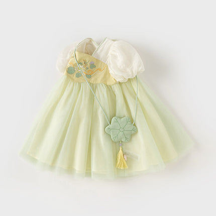 Girls Summer Chinese Style Green Mesh Princess Dress (wallet bag）