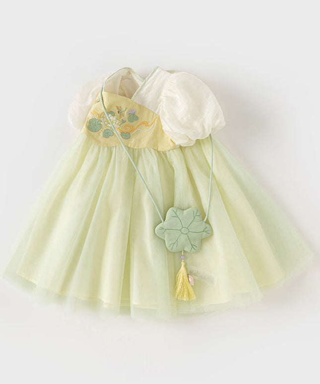 Girls Summer Chinese Style Green Mesh Princess Dress (wallet bag）