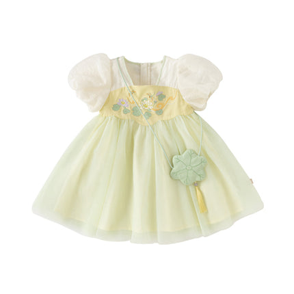 Girls Summer Chinese Style Green Mesh Princess Dress (wallet bag）