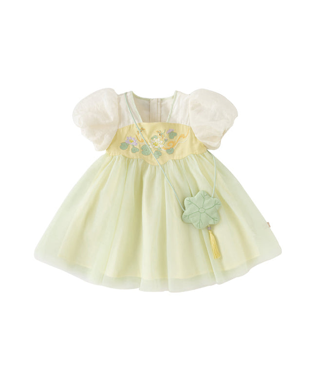 Girls Summer Chinese Style Green Mesh Princess Dress (wallet bag）