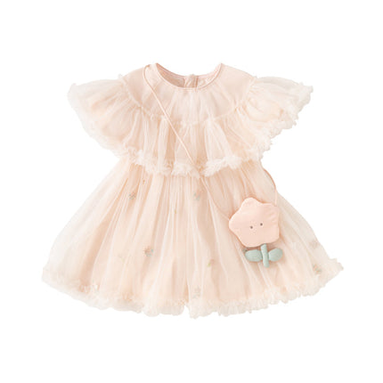 Toddler Girls Summer Light Pink Cute Mesh Princess Dress (wallet bag)