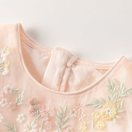 Toddler Girls Summer Noble Flower Embroidery Mesh Princess Dress