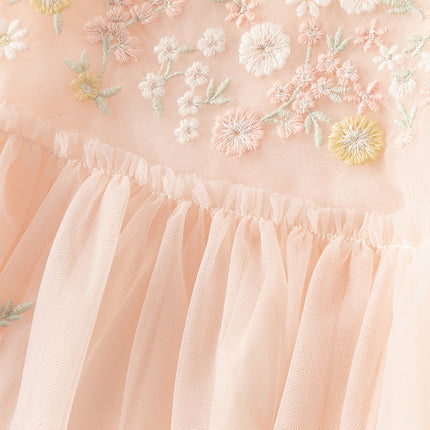 Toddler Girls Summer Noble Flower Embroidery Mesh Princess Dress