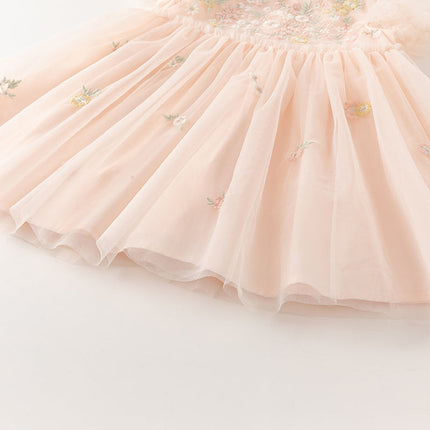 Toddler Girls Summer Noble Flower Embroidery Mesh Princess Dress