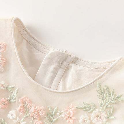 Toddler Girls Summer Noble Flower Embroidery Mesh Princess Dress