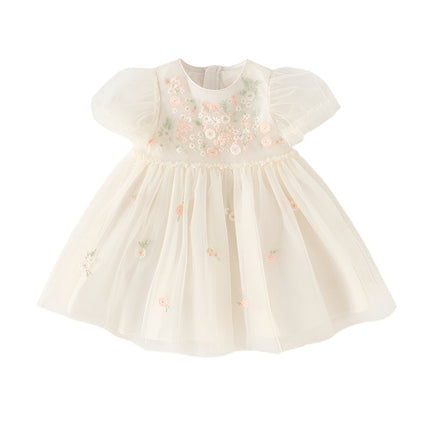 Toddler Girls Summer Noble Flower Embroidery Mesh Princess Dress